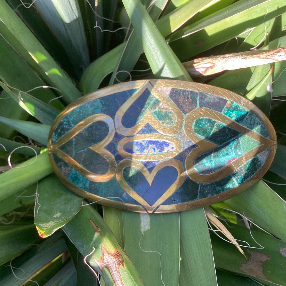 Beautiful Brass Jasper/Turquoise Heart Inlay Design Belt/Scarf Buckle Slide - Picture 6 of 10